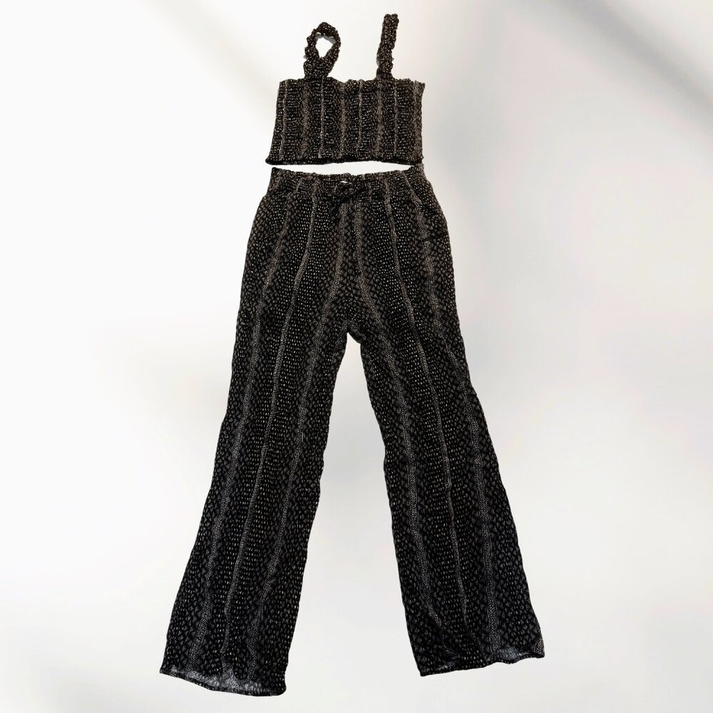 Papercrane Black Mesh Two Piece Set Size M - Crop Top Wide Leg Pants Co-ord